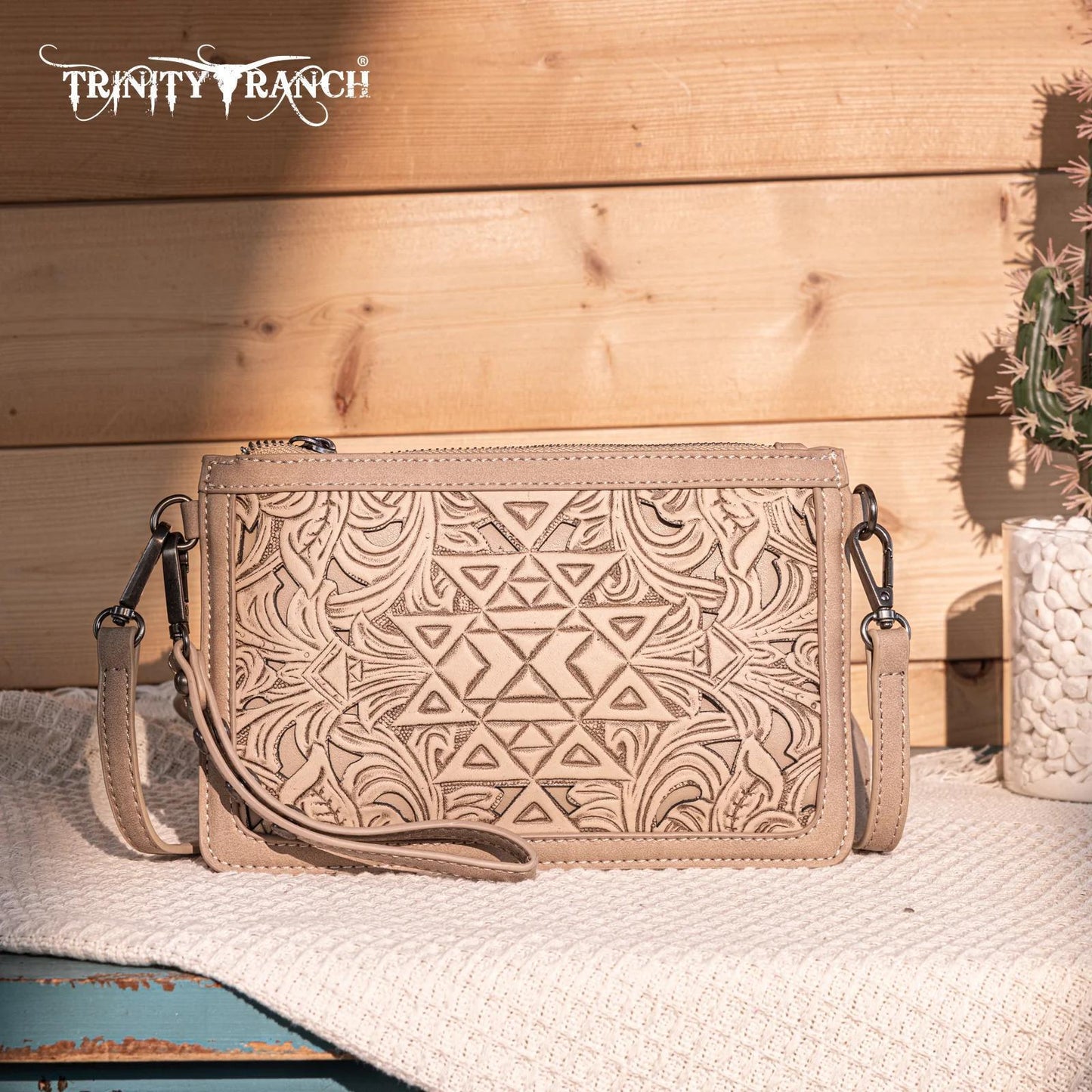 Beige Trinity Ranch Floral Aztec Tooled Collection Crossbody