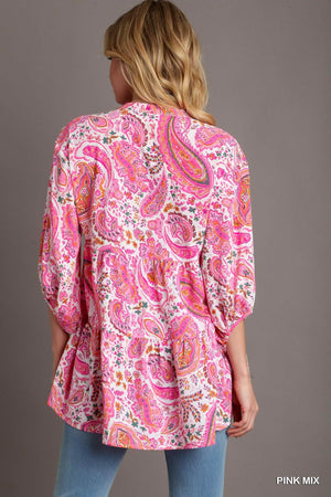 Pink Paisley Cuffed Short Sleeve Top by Umgee