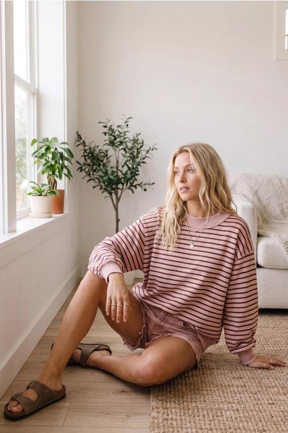 Dusty Pink & Brown Oversized French Terry Striped Pullover by Sewn and Seen