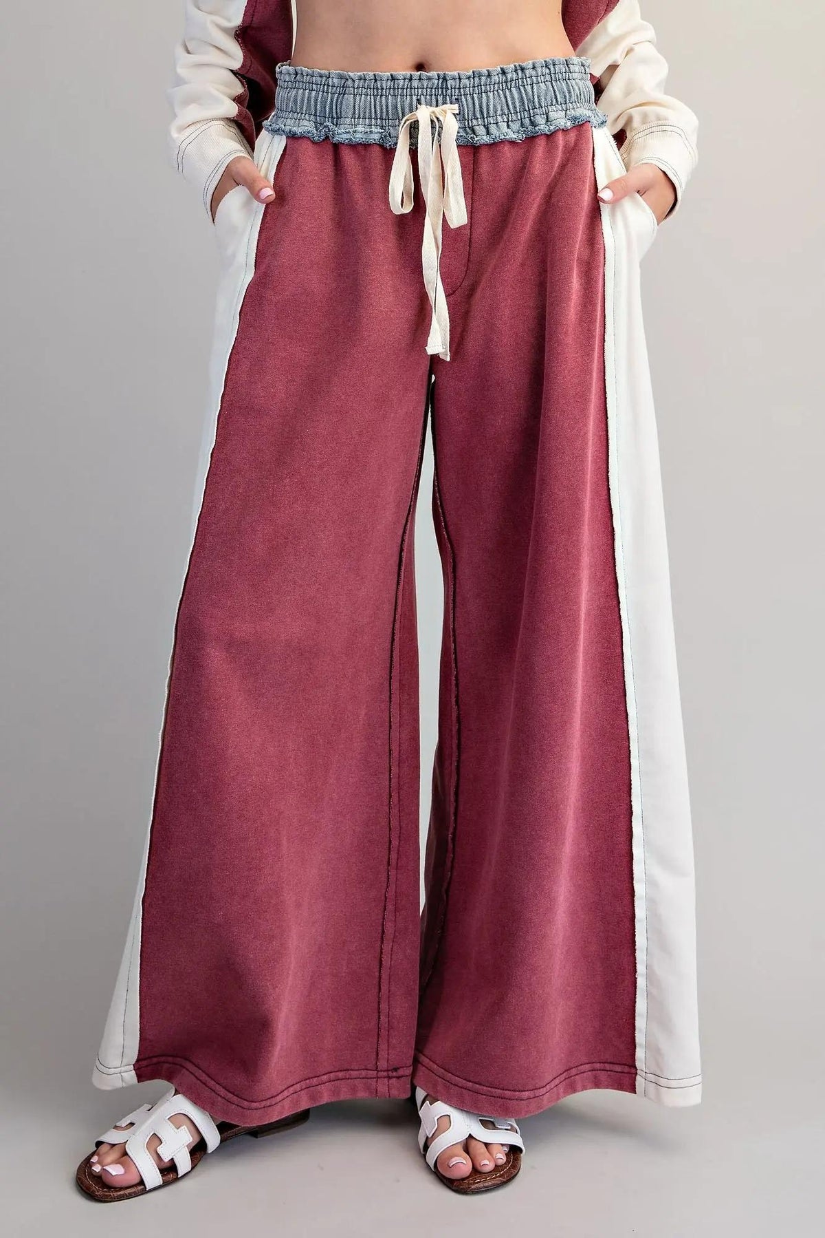Red Bean Frayed Color block Long Sleeve Pullover & Drawstring Pants by ee:some