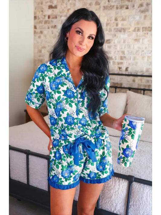 Caroline Floral Ruffle Pajama Set - Blue