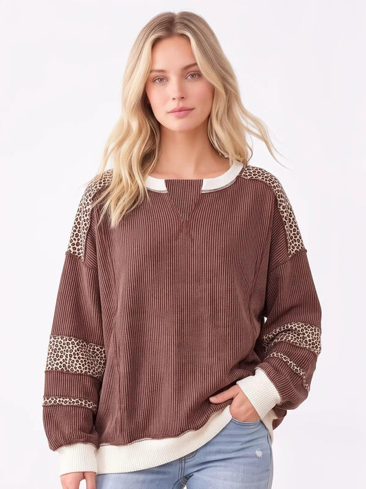 Brown Leopard Print Color Block Ribbed Sweatshirt by 7th Ray -  T6508