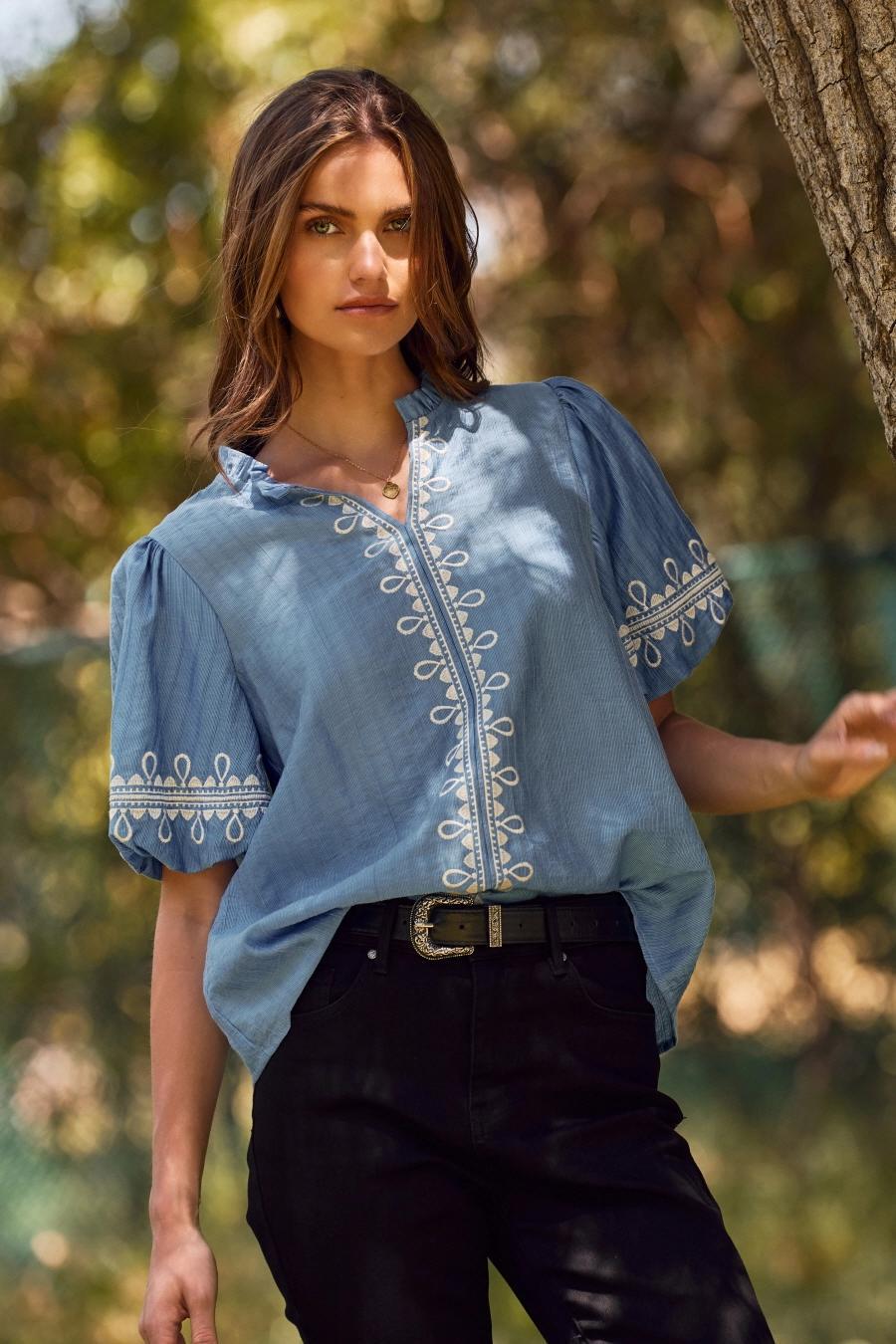 Embroidered Detailed Short Bubble Sleeve Top by Oddi