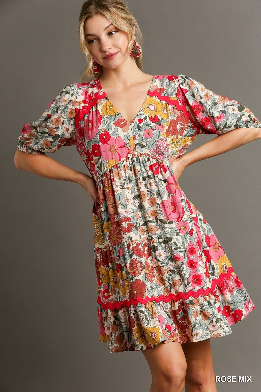 Rose Mix Floral Print V-Neck Tiered Dress by Umgee