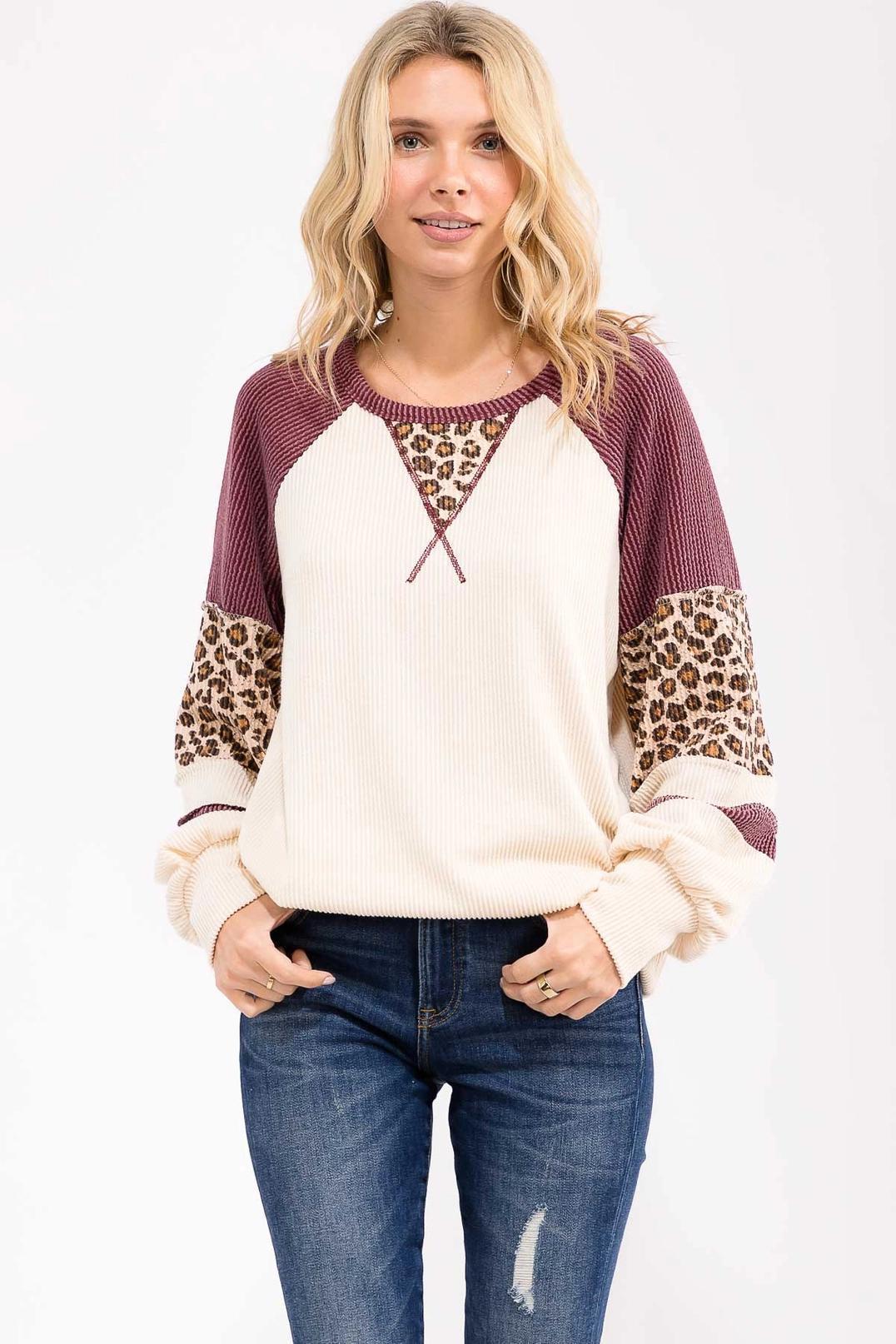 Burgundy Rib Knit Leopard Print Contrast Pullover Top