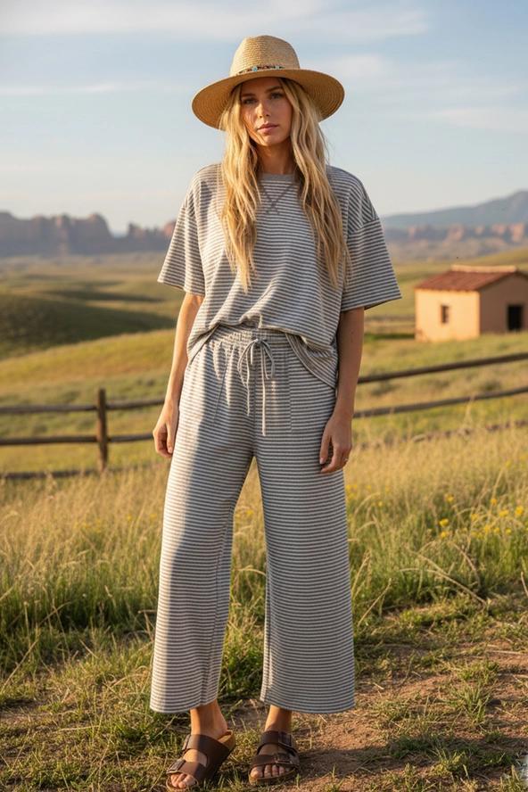 H. Grey & White Striped Knit Lounge Set
