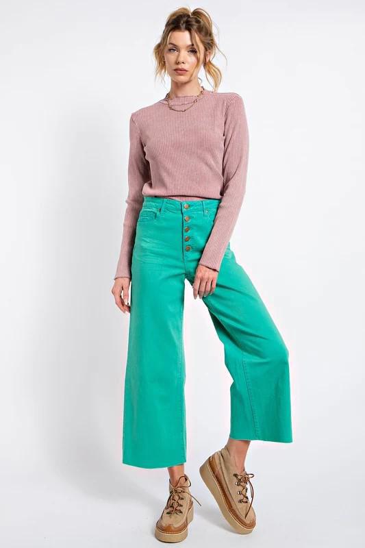 Clover Green Button Front Stretch Twill Wide Legged Pants By Easel