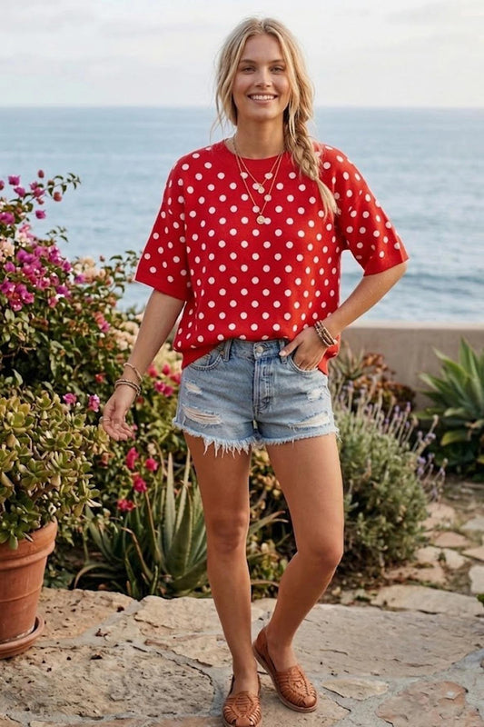 Red/White Oversized Polka Dot Sweater Top