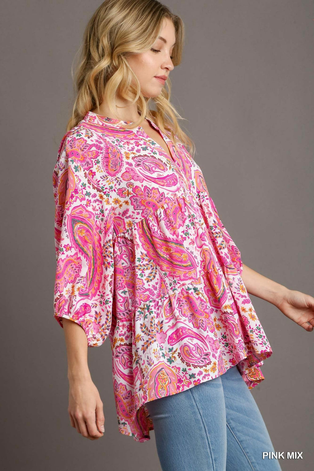 Pink Paisley Cuffed Short Sleeve Top by Umgee