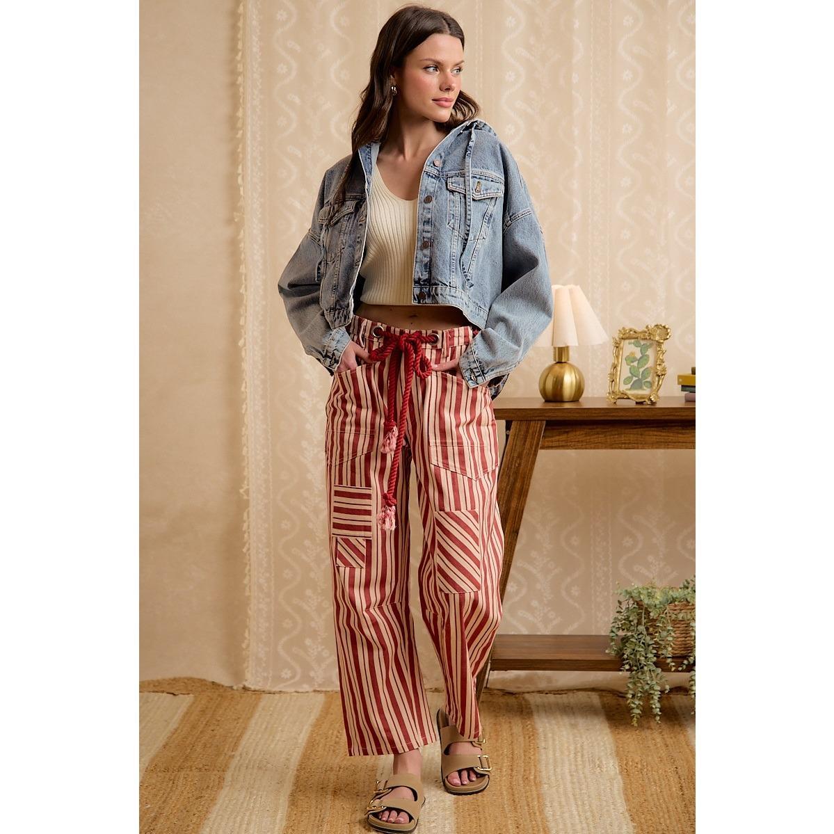 Red Stripe Wide Leg Drawstring Pants by BiBI