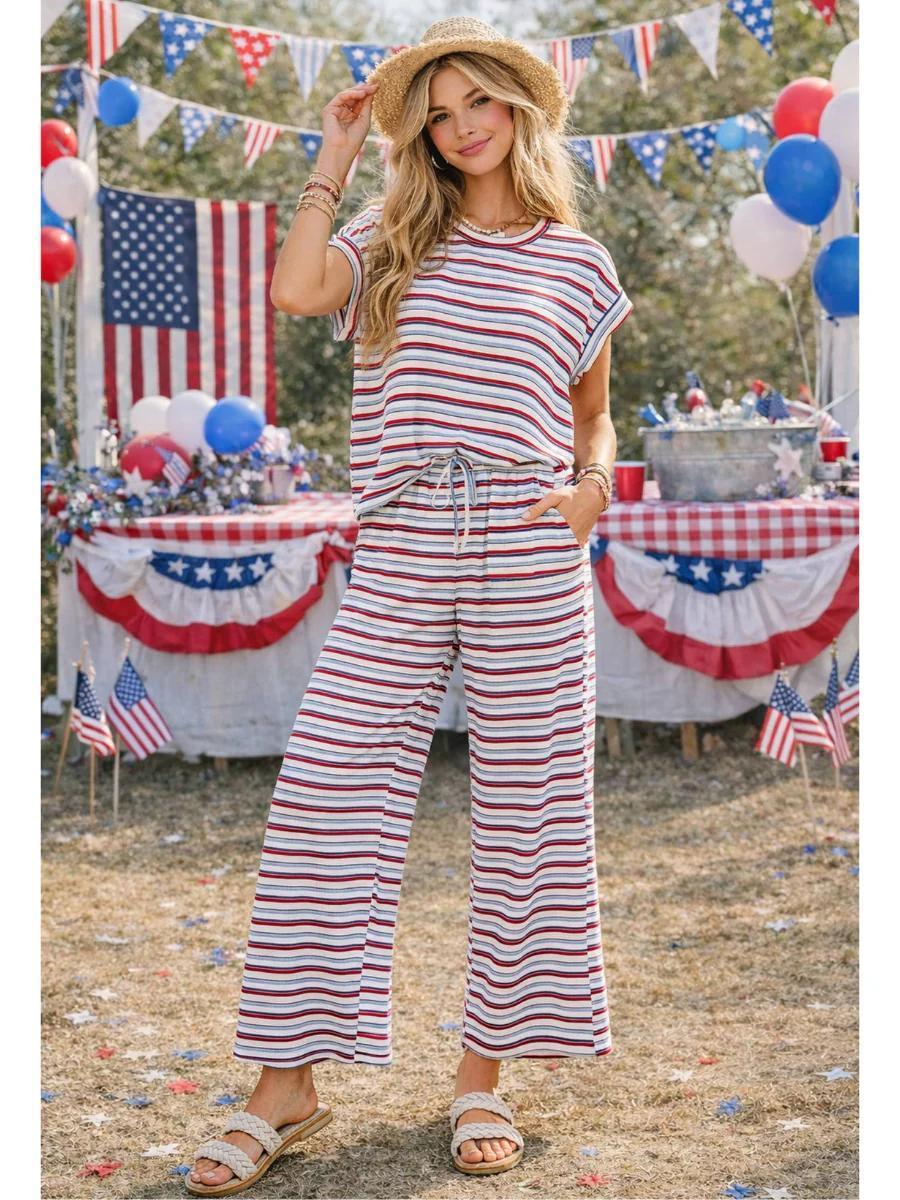 Red/White/Blue American Ribbed Striped Lounge Set