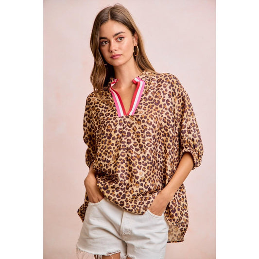 Leopard Contrast Banded Doman Sleeve Top