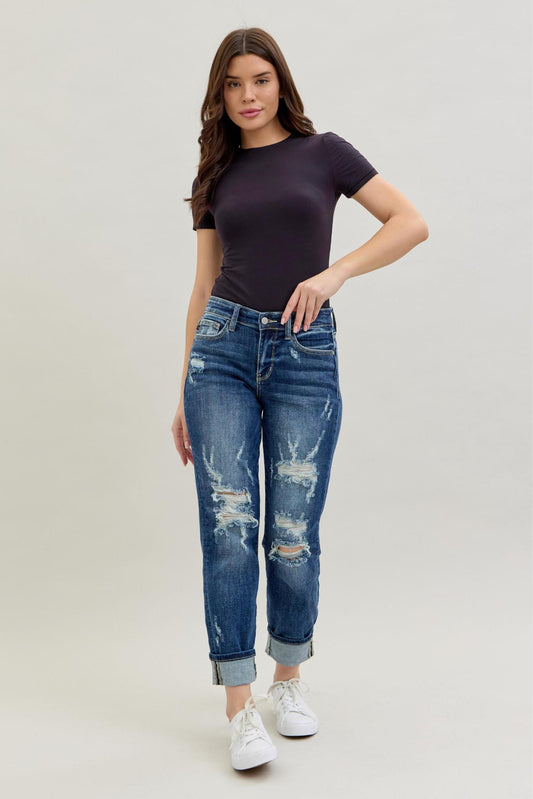 Mid-Rise Cuffed Destroyed Boyfriend Jeans by Judy Blue - Style #82427