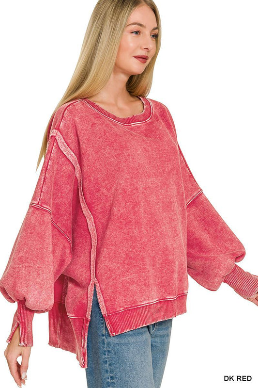 Dark Red Oversized Acid Wash Batwing Sleeve Sweatshirt by Zenana