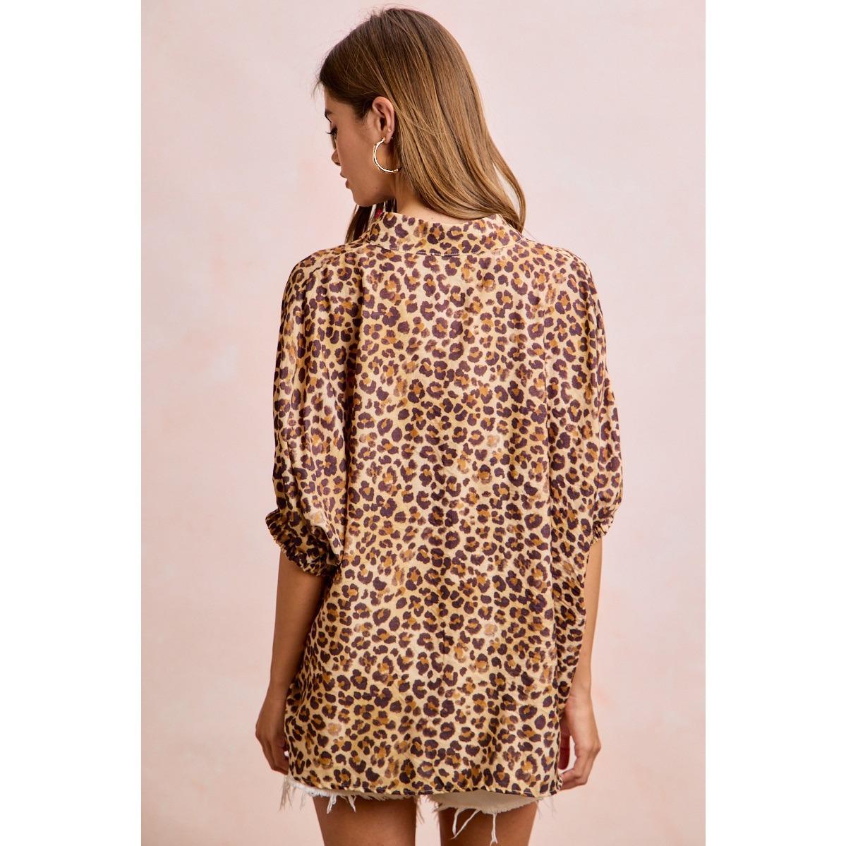 Leopard Contrast Banded Doman Sleeve Top