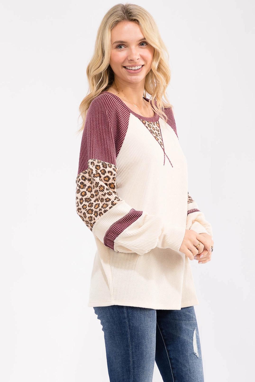 Burgundy Rib Knit Leopard Print Contrast Pullover Top