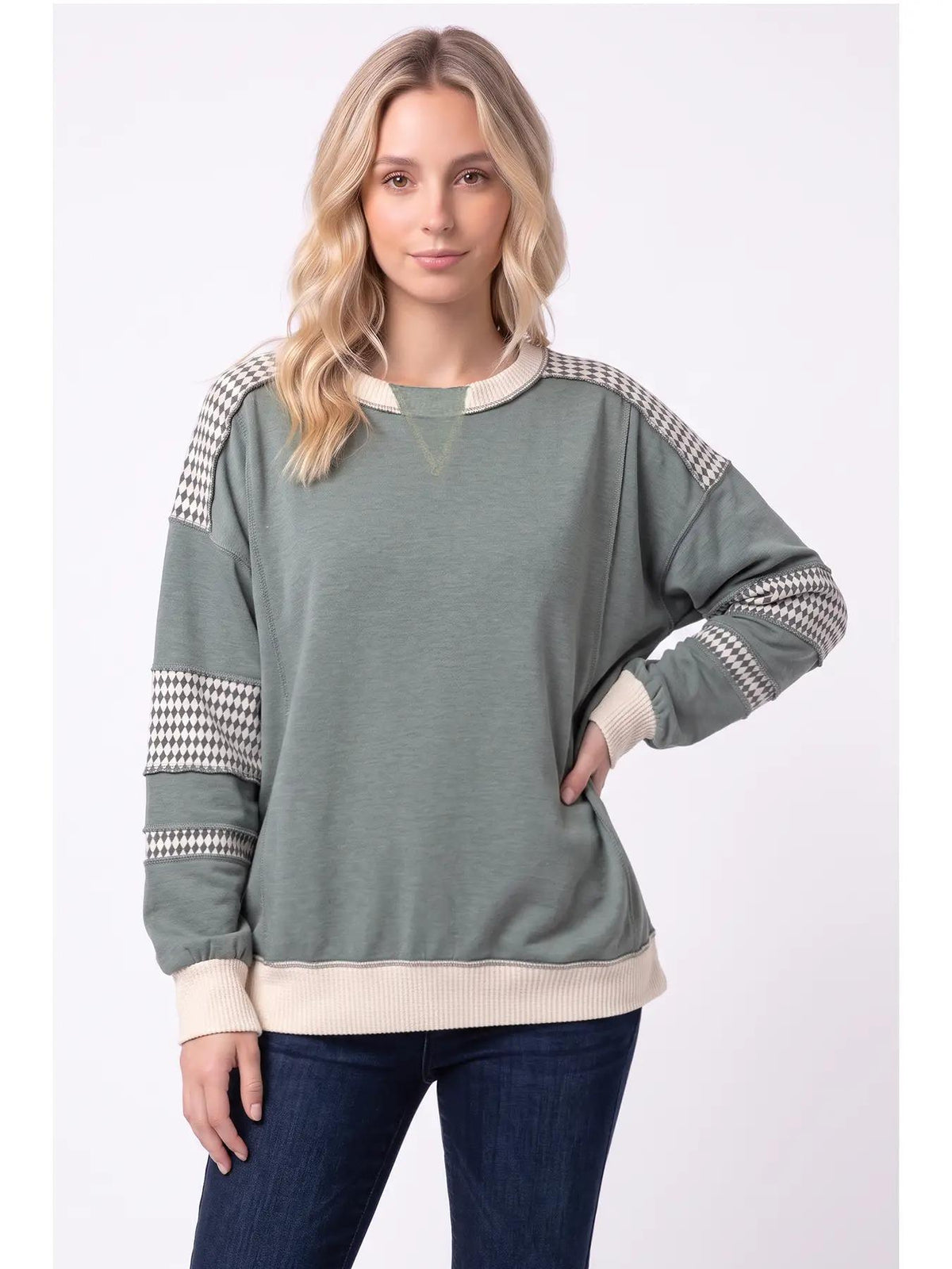 Olive Color Block Houndstooth Contrast Sweatshirt by 7th Ray - T6490