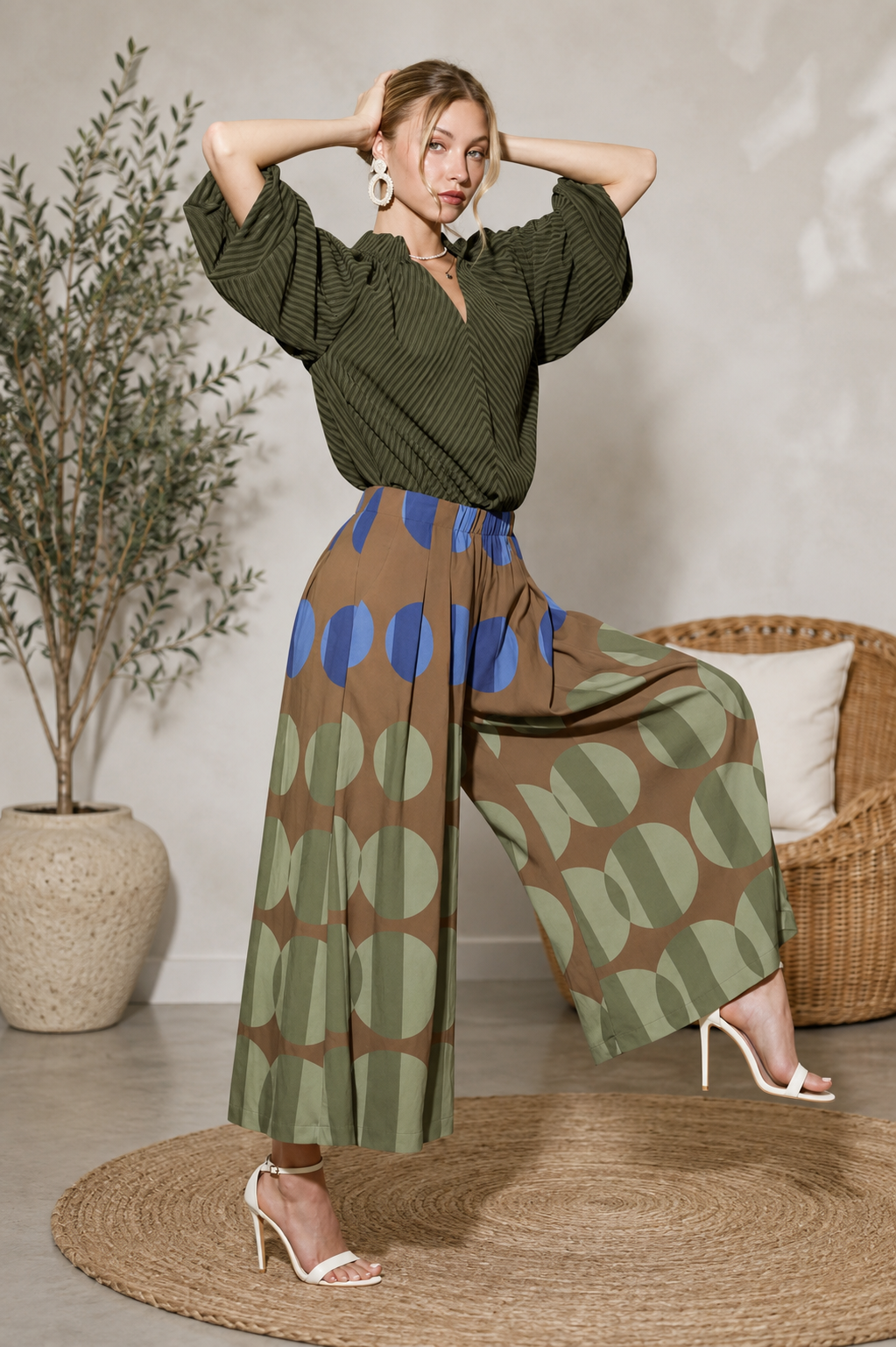 Olive Mix Oversized Dot Wide Leg Pants by Umgee
