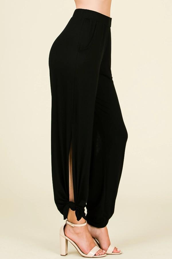 Black Split Side Ankle Tie Knit Bottoms by 7th Ray