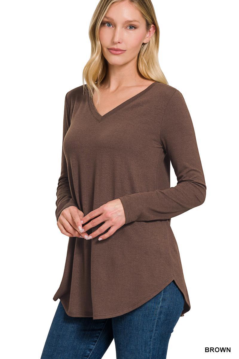 Brown Long Sleeve Perfectly Simple V-Neck Knit Top