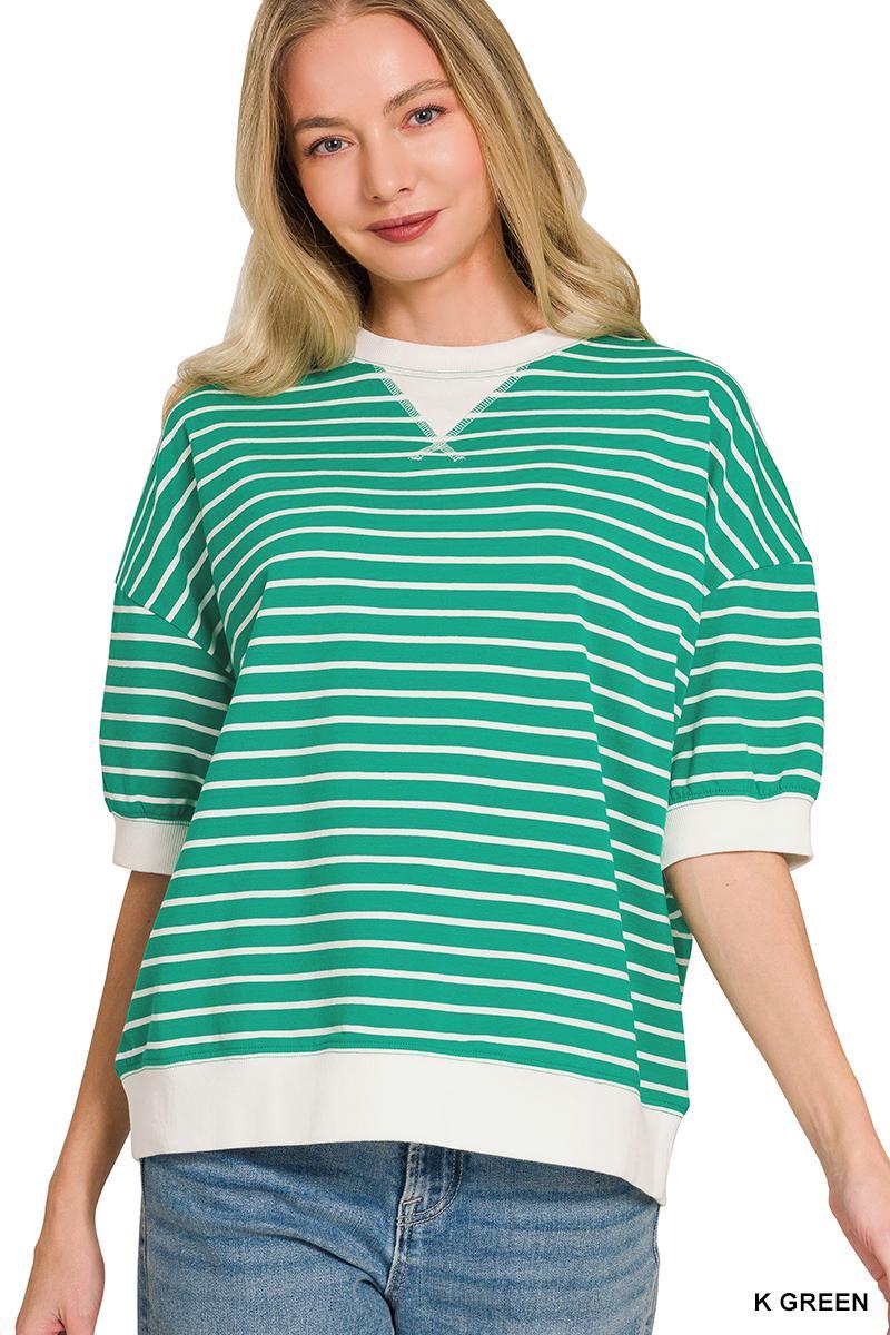 Kelly Green Striped Rib Banded Pullover Top