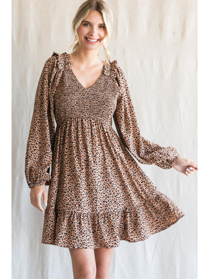 Leopard Smocked Bodie Long Sleeve Dress by Jodifl