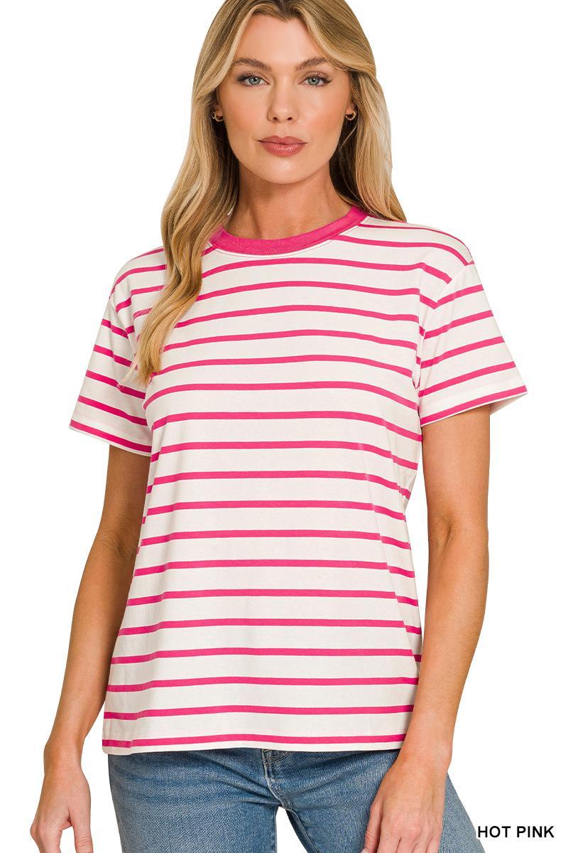 Striped Crew Neck Relaxed Fit Tee - Available in Black, Brown, Coral, Hot Pink and Green