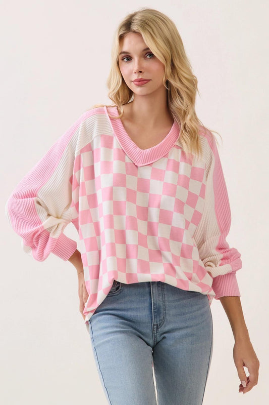 Pink Checkered Print V Neck Pullover