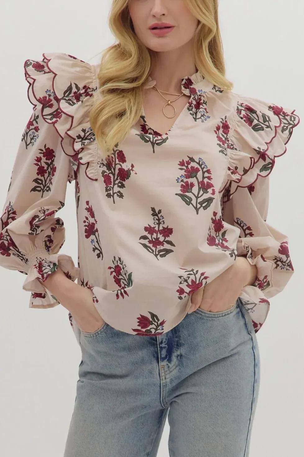 Ecru Ruffle Shoulder With Scallop Trim and Smocked Cuffs by Entro