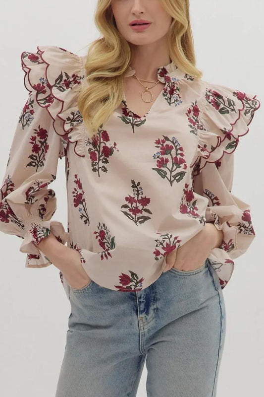 Ecru Ruffle Shoulder With Scallop Trim and Smocked Cuffs by Entro