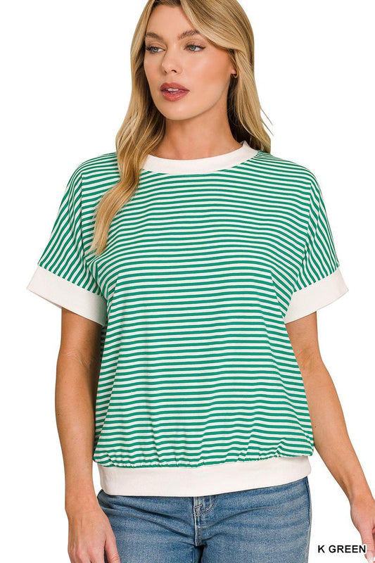 Kelly Green Stripe Contrast Trim Ribbed Banded Top