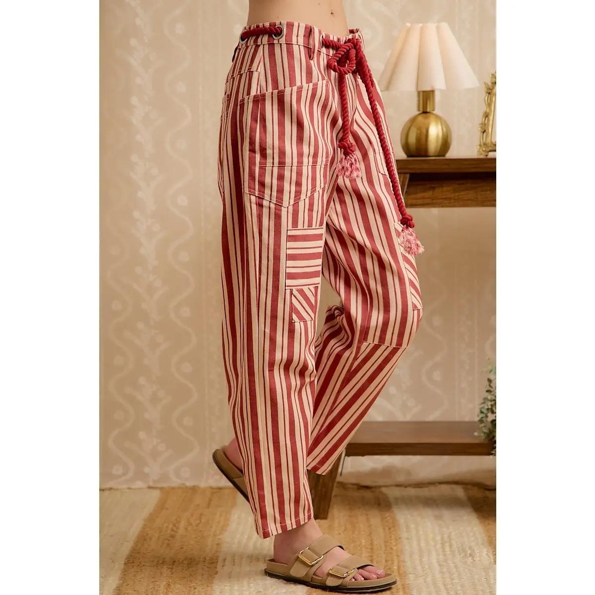 Red Stripe Wide Leg Drawstring Pants by BiBI