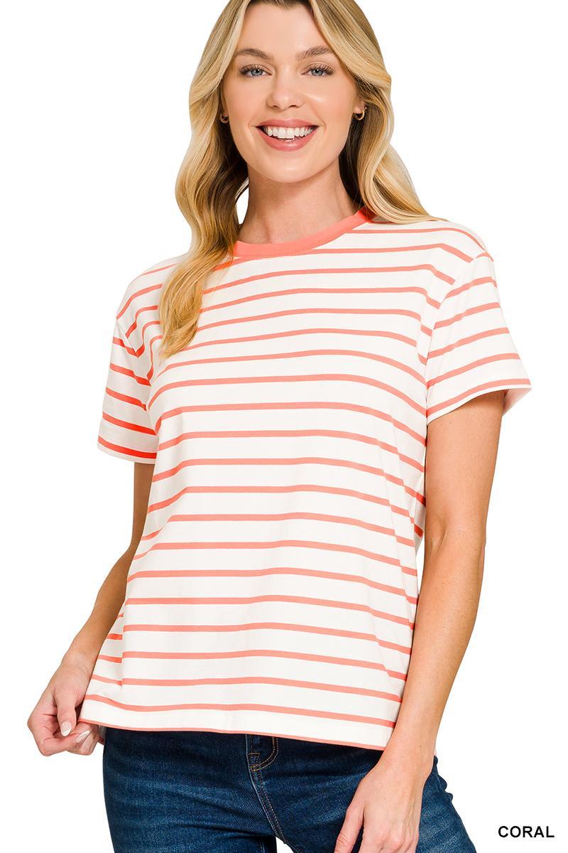 Striped Crew Neck Relaxed Fit Tee - Available in Black, Brown, Coral, Hot Pink and Green
