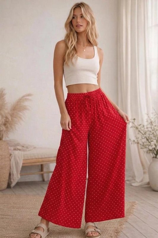 Red & White Relaxed Polka Dot Wide Leg Pants