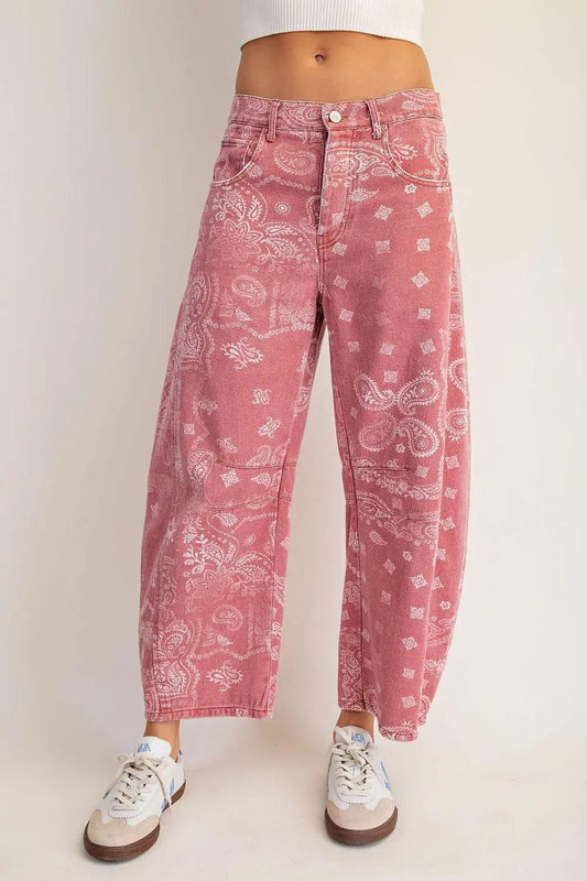 Dusty Rose Bandana Mineral Washed Paisley Printed Barrel Jeans by ee:some