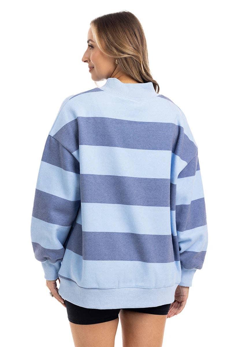 Lt. Blue & Navy Striped Mockneck Pullover by Katydid