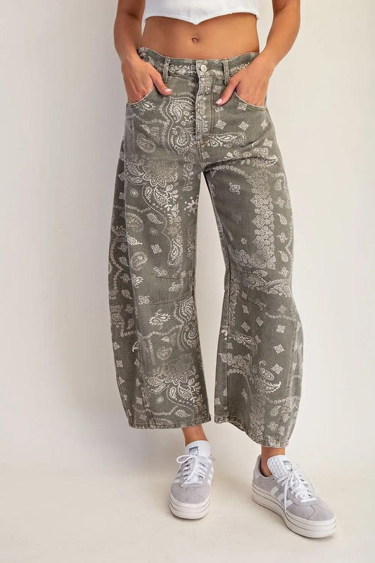 Vintage Army Mineral Washed Paisley Printed Barrel Jeans by ee:some