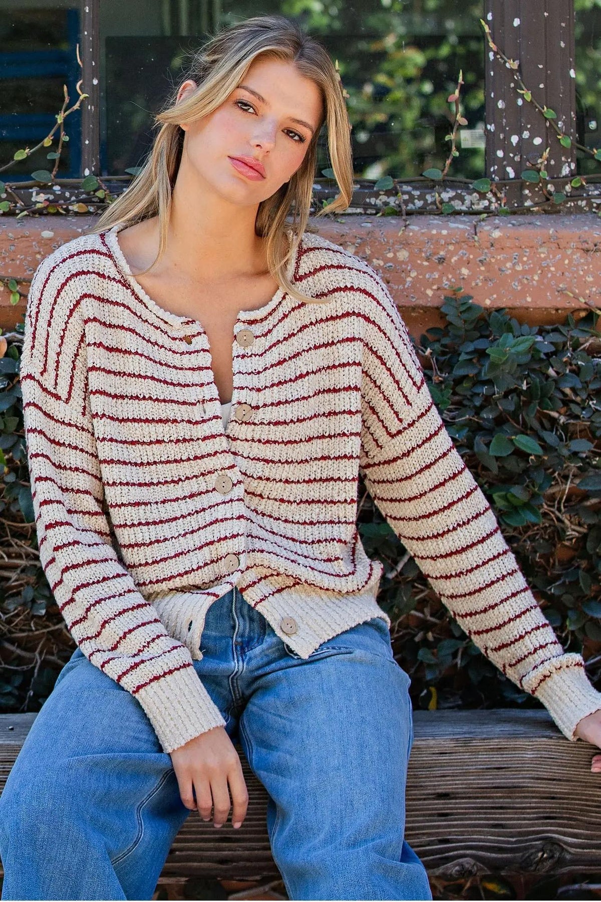 Oatmeal Striped Textured Knit Cardigan ✨by ee:some