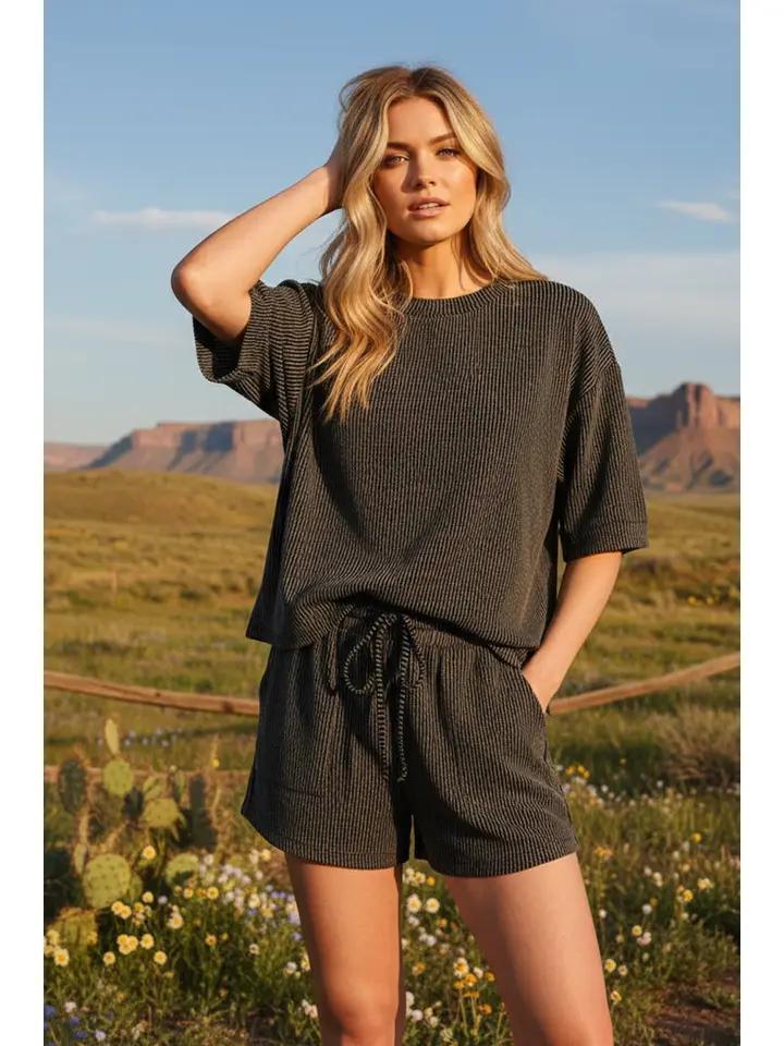 Black Ribbed Short Set