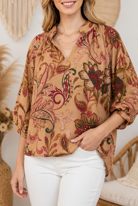 Paisley Print V-Neck Balloon Sleeve Top by Heimish