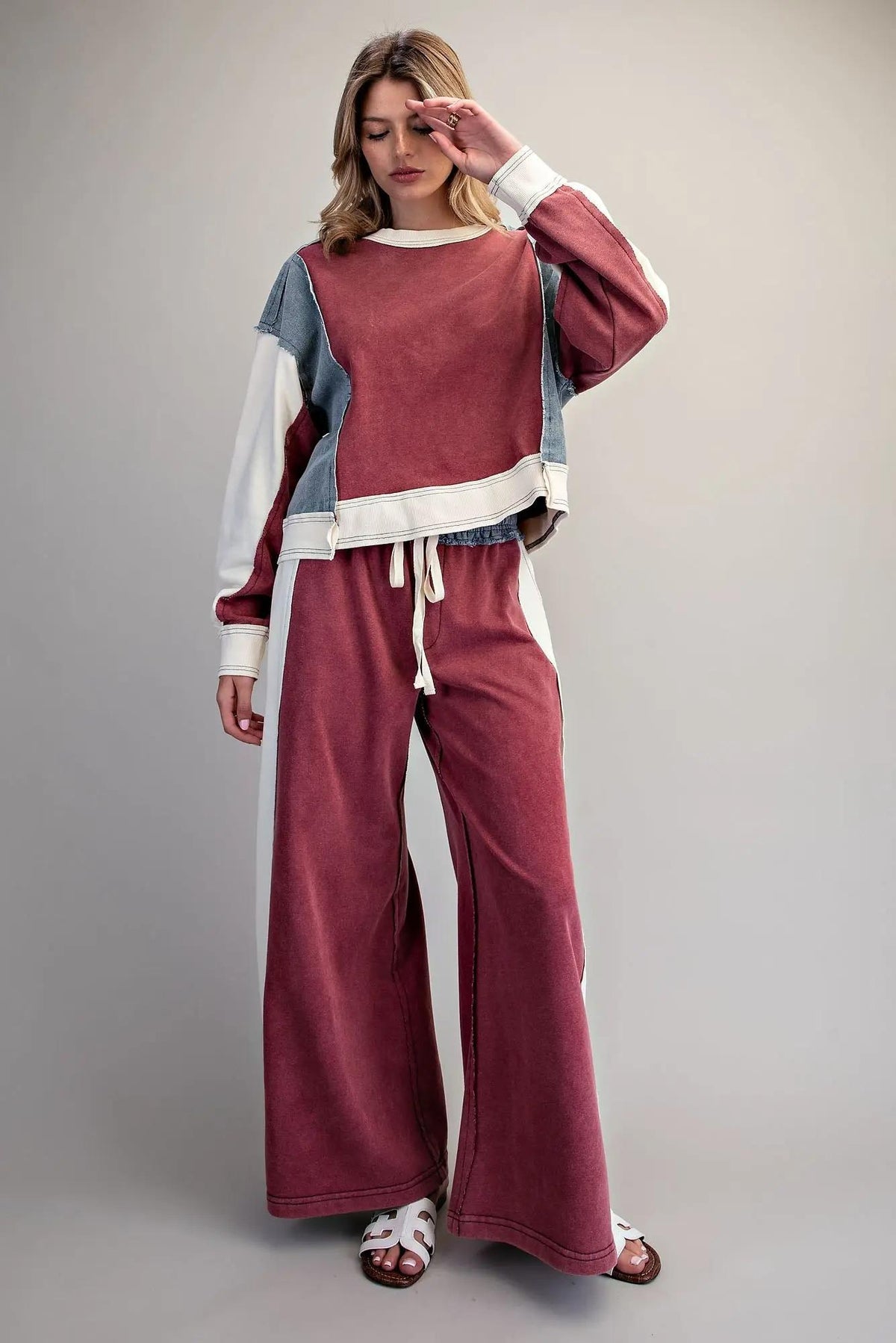 Red Bean Frayed Color block Long Sleeve Pullover & Drawstring Pants by ee:some