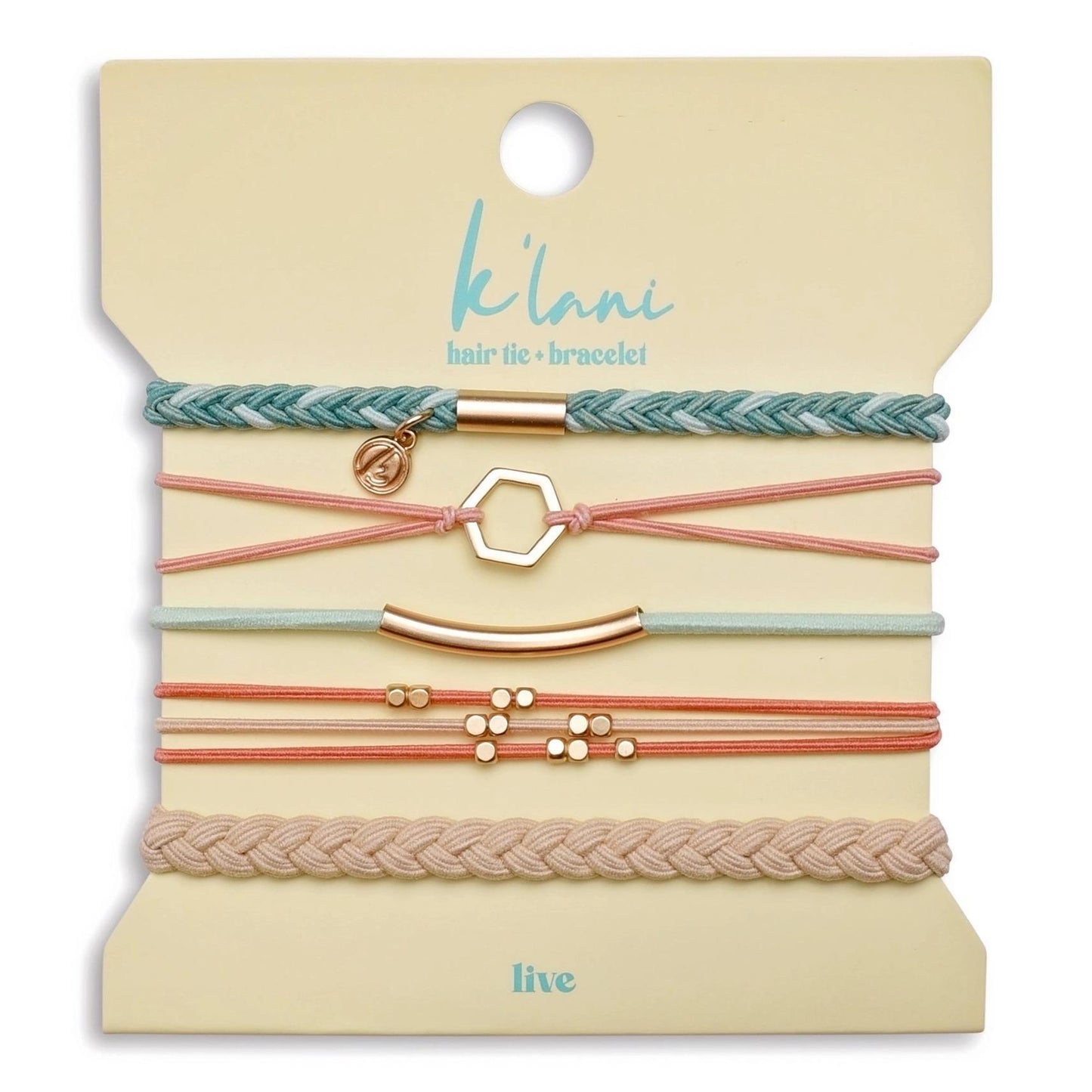 "Live" Teal & Coral with Gold Accent Hair Tie Bracelets