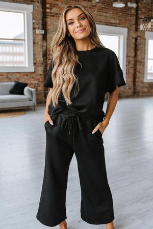 Textured Black  Short Sleeve Cropped Set by See And Be Seen
