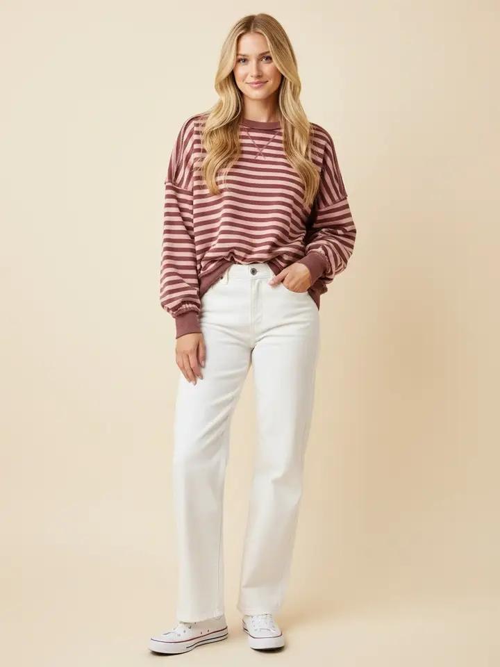 Mauve & Pink Striped Drop-Shoulder Pullover Sweatshirt by Heimish