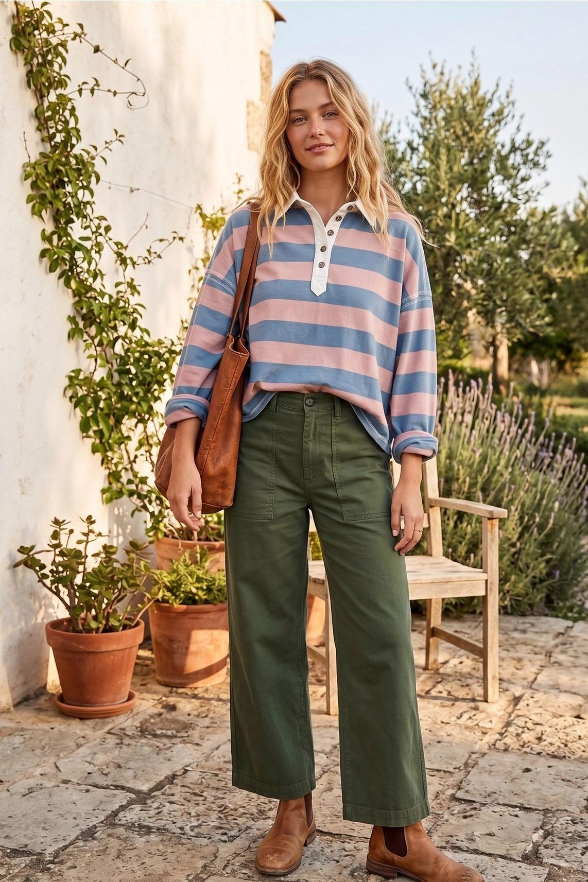 Dusty Pink & Denim Oversized Striped Rugby Polo Long Sleeve Top by Sewn and Seen