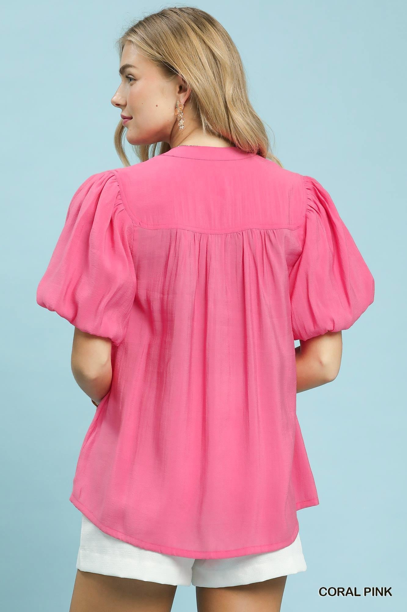 Coral Pink Button Down Top Featuring V-Neckline and Puff Sleeves by Umgee