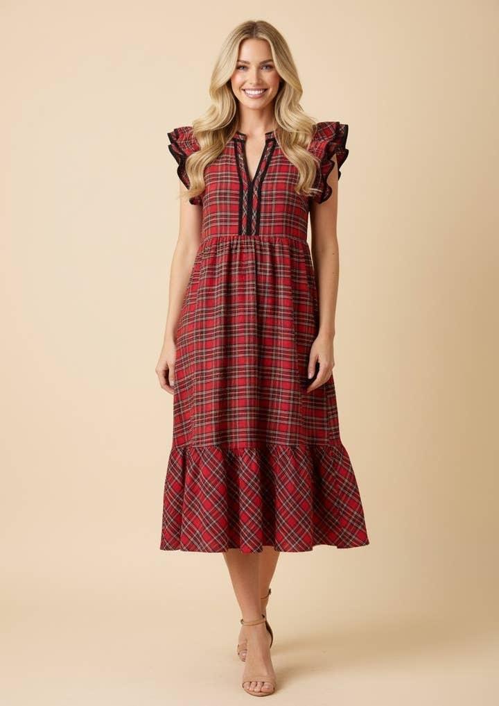 Red Plaid Ruffle Sleeve Tiered Midi Dress