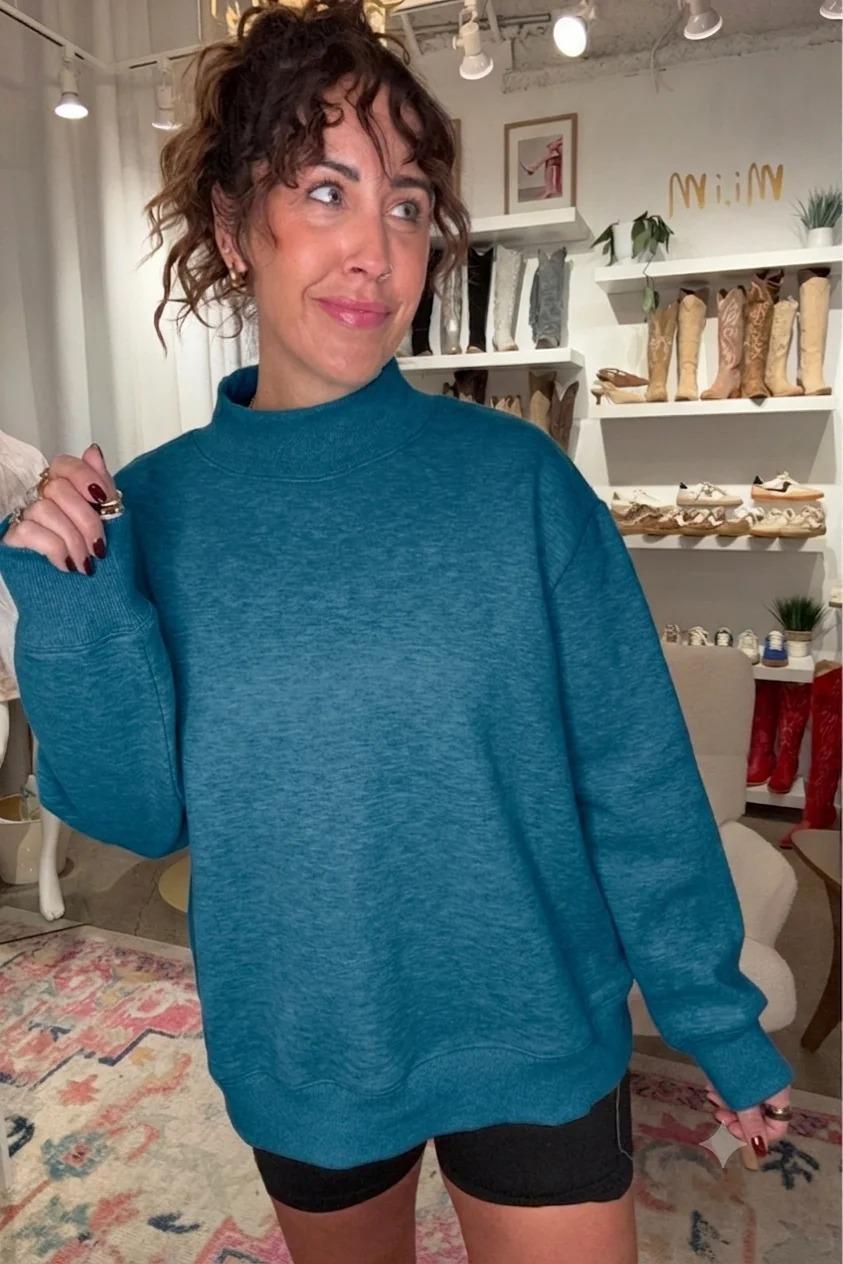Lyons Blue Mock Neck Fleece Sweatshirt by Moon Ryder