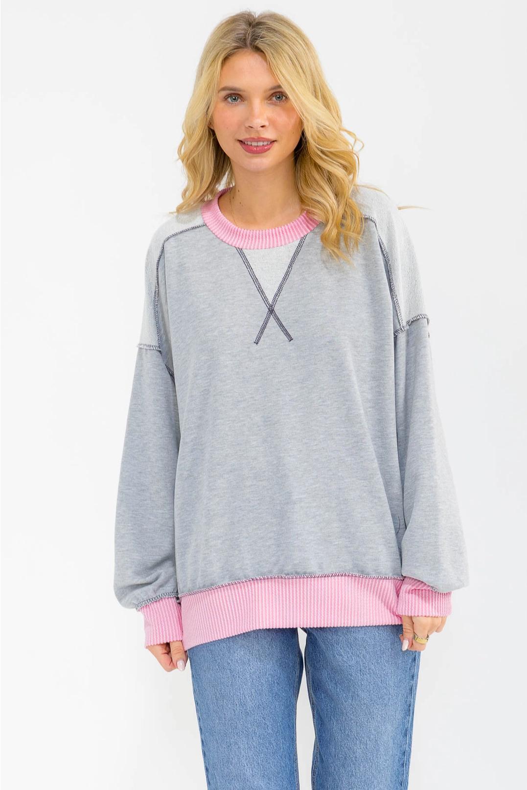 Heather Grey Contrast Trim Exposed Seam Sweatshirt