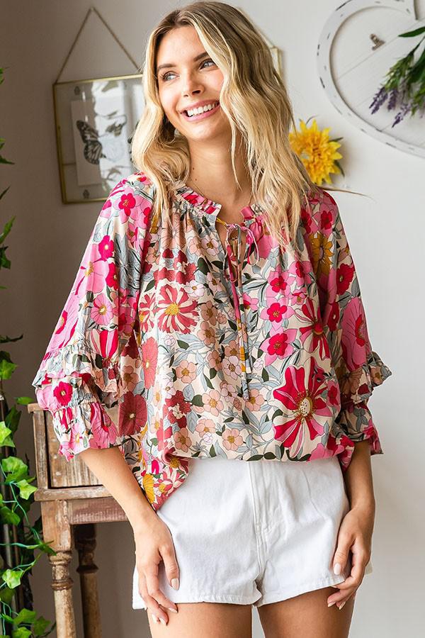 Floral Print Tie Keyhole 3/4 Length Sleeve Top by First Love